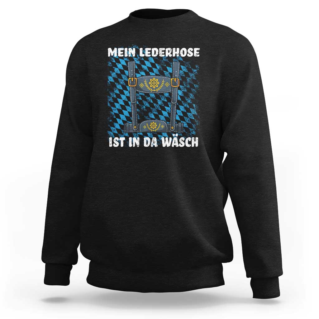 Black crewneck sweatshirt with lederhosen graphic and “IST IN DA WASCH” text