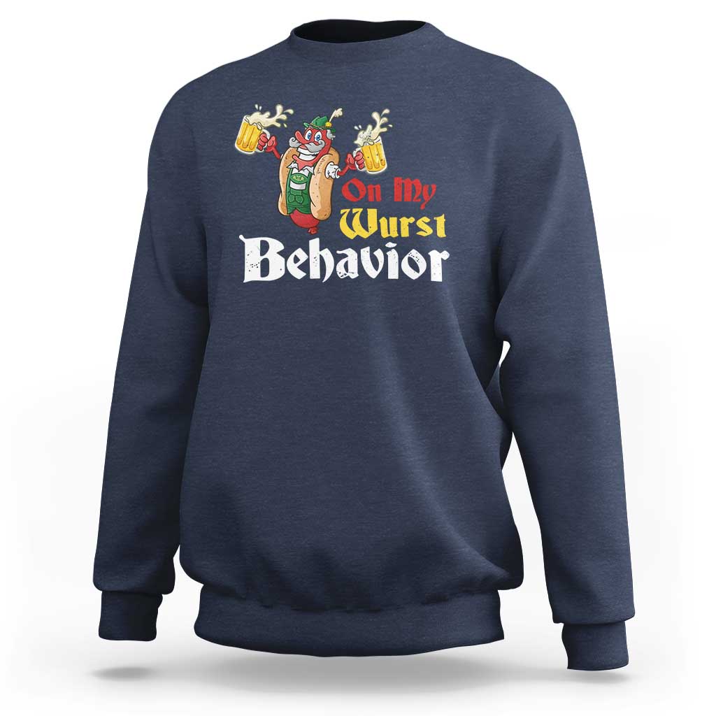 Navy crewneck sweatshirt with front 'On My Wurst Behavior' beer-mug graphic.