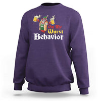 Purple crewneck sweatshirt with front 'On My Wurst Behavior' beer-mug graphic.