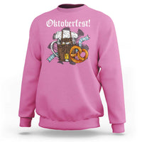 Pink Oktoberfest graphic sweatshirt with beer mugs, pretzels, and blue check ribbon