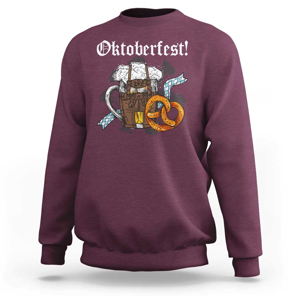 Maroon Oktoberfest graphic sweatshirt with beer mugs, pretzels, and blue check ribbon
