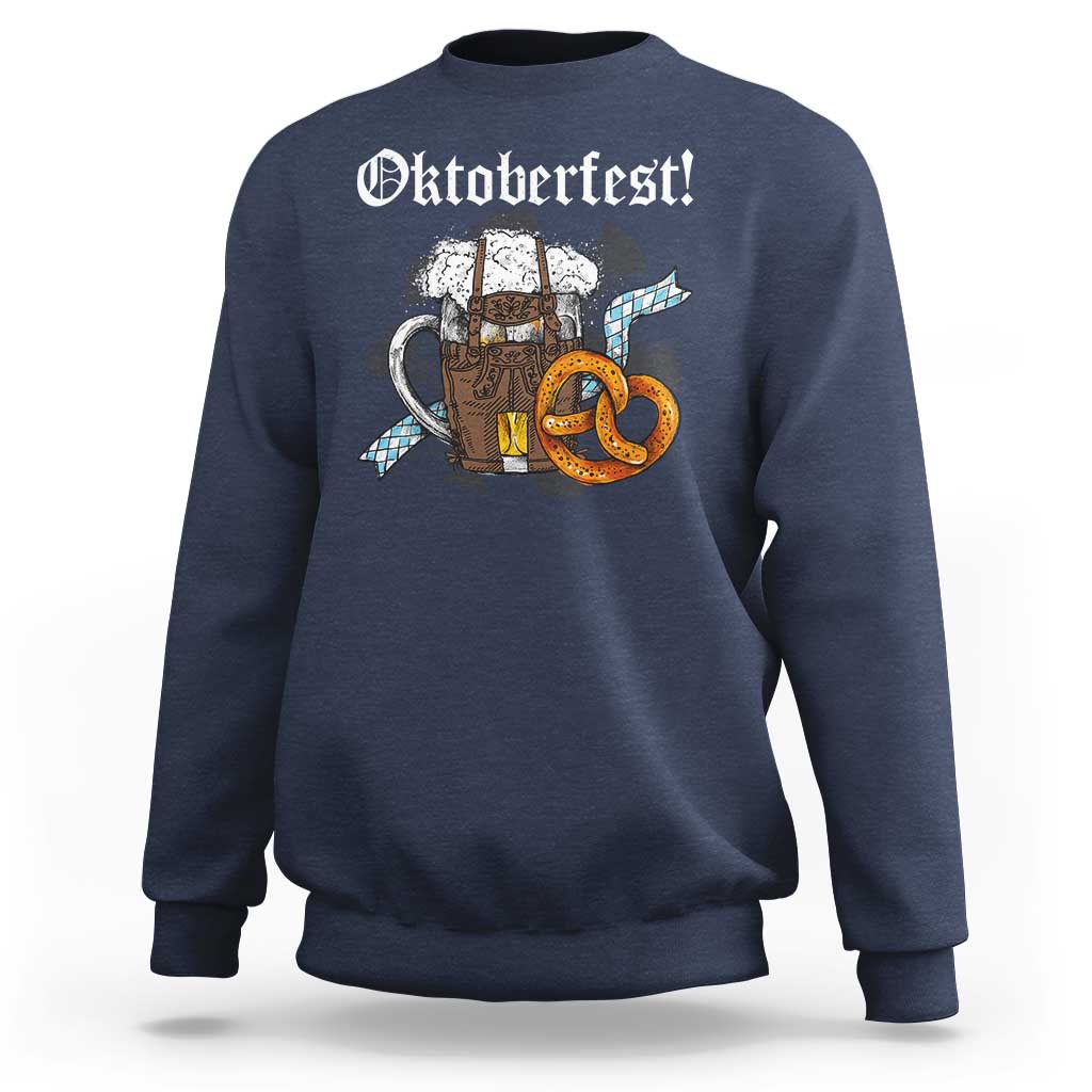 Navy Oktoberfest graphic sweatshirt with beer mugs, pretzels, and blue check ribbon