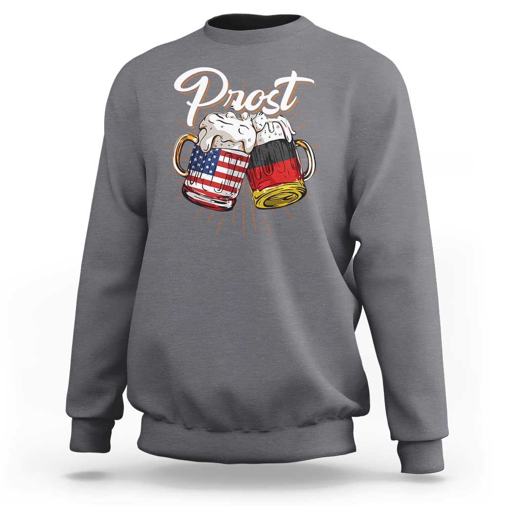 Men's charcoal gray sweatshirt with crewneck and 'Prost' beer mug graphic on front