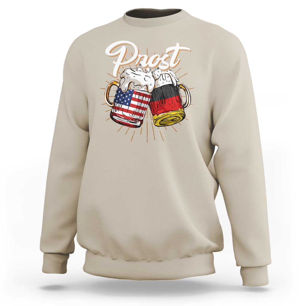 Men's sand sweatshirt with crewneck and 'Prost' beer mug graphic on front