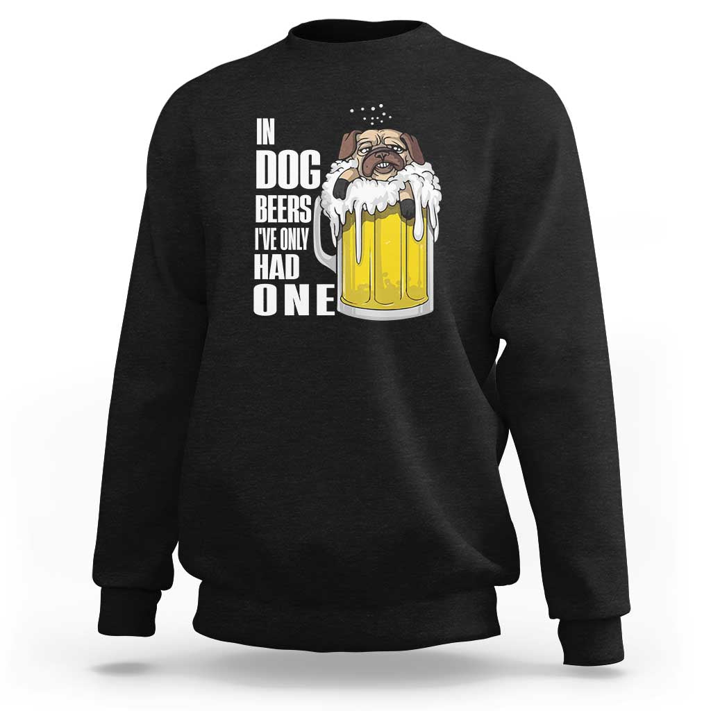 Black sweatshirt with "Dog Beers" dog graphic and pint illustration on back