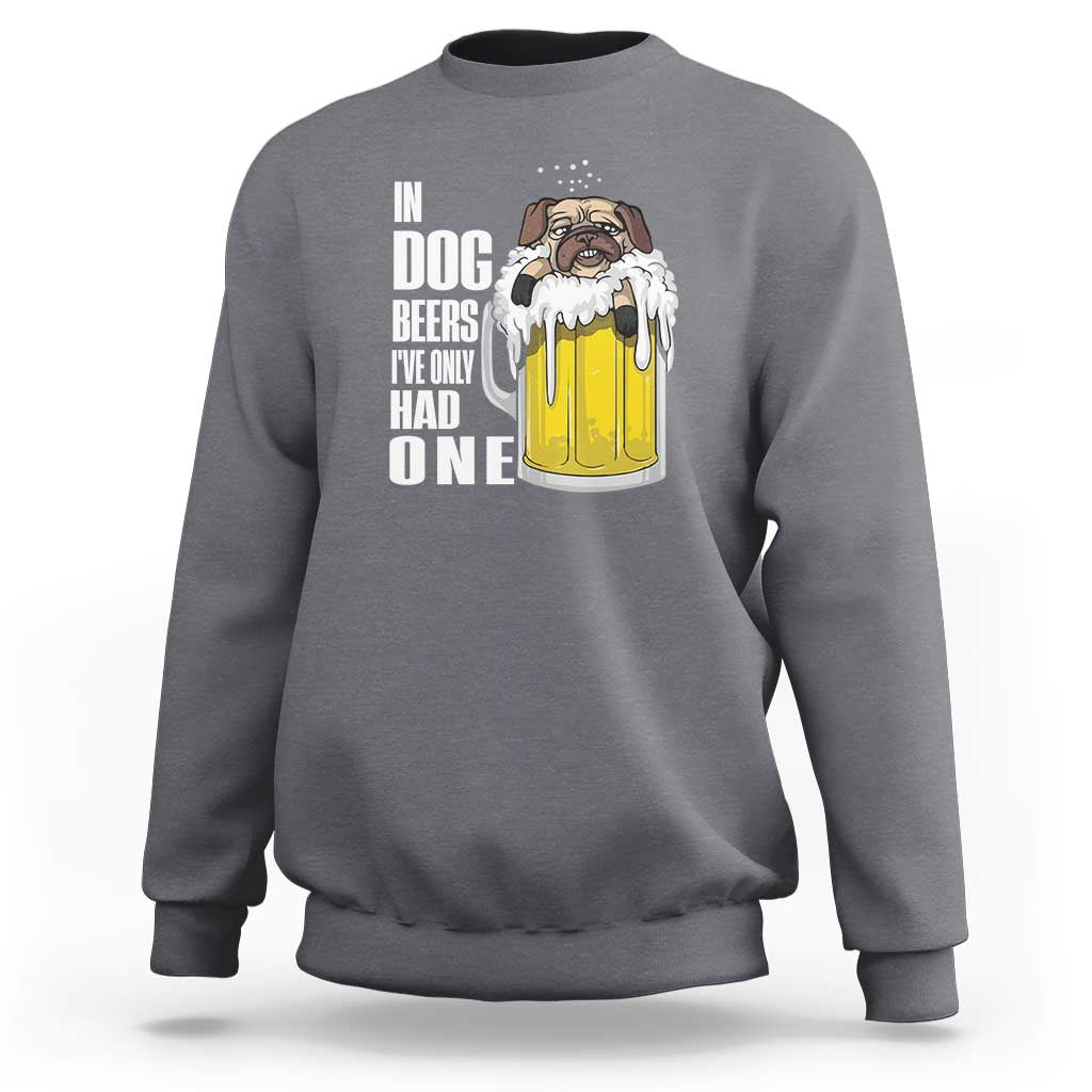 Charcoal gray sweatshirt with "Dog Beers" dog graphic and pint illustration on back