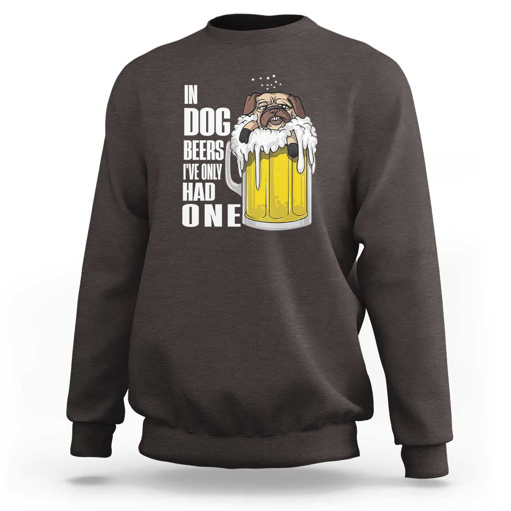 Dark chocolate brown sweatshirt with "Dog Beers" dog graphic and pint illustration on back
