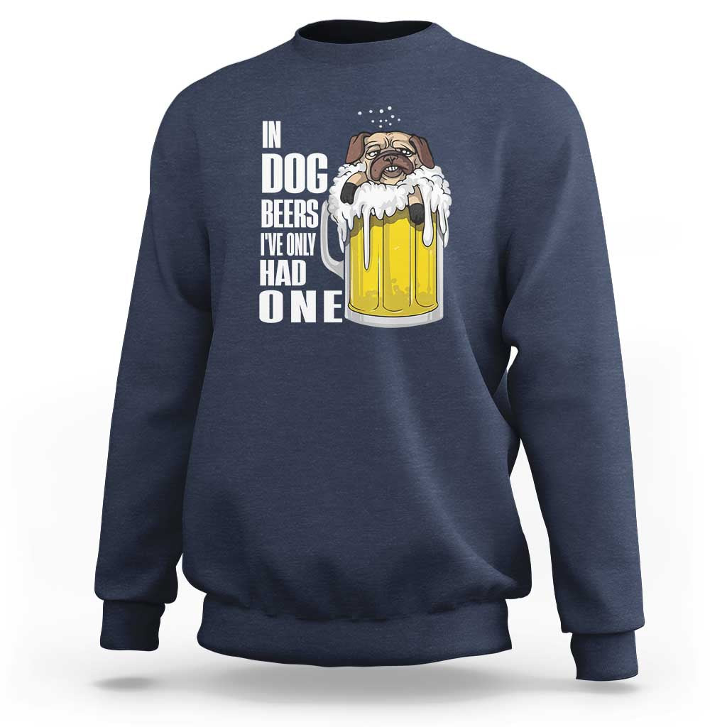 Navy sweatshirt with "Dog Beers" dog graphic and pint illustration on back