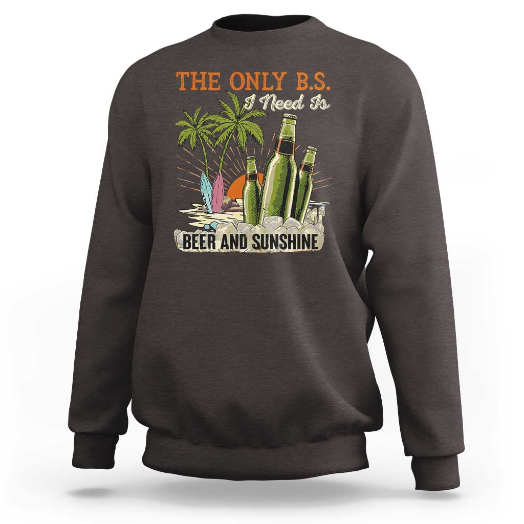 Charcoal beer lover sweatshirt with front graphic of bottles, palm tree, and “Beer and Sunshine”