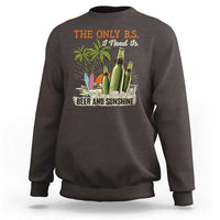 Charcoal beer lover sweatshirt with front graphic of bottles, palm tree, and “Beer and Sunshine”