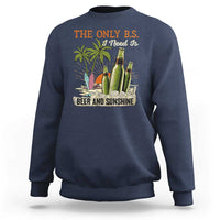 Navy beer lover sweatshirt with front graphic of bottles, palm tree, and “Beer and Sunshine”