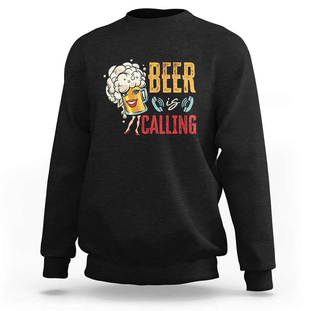 Black beer calling sweatshirt with beer mug graphic on chest