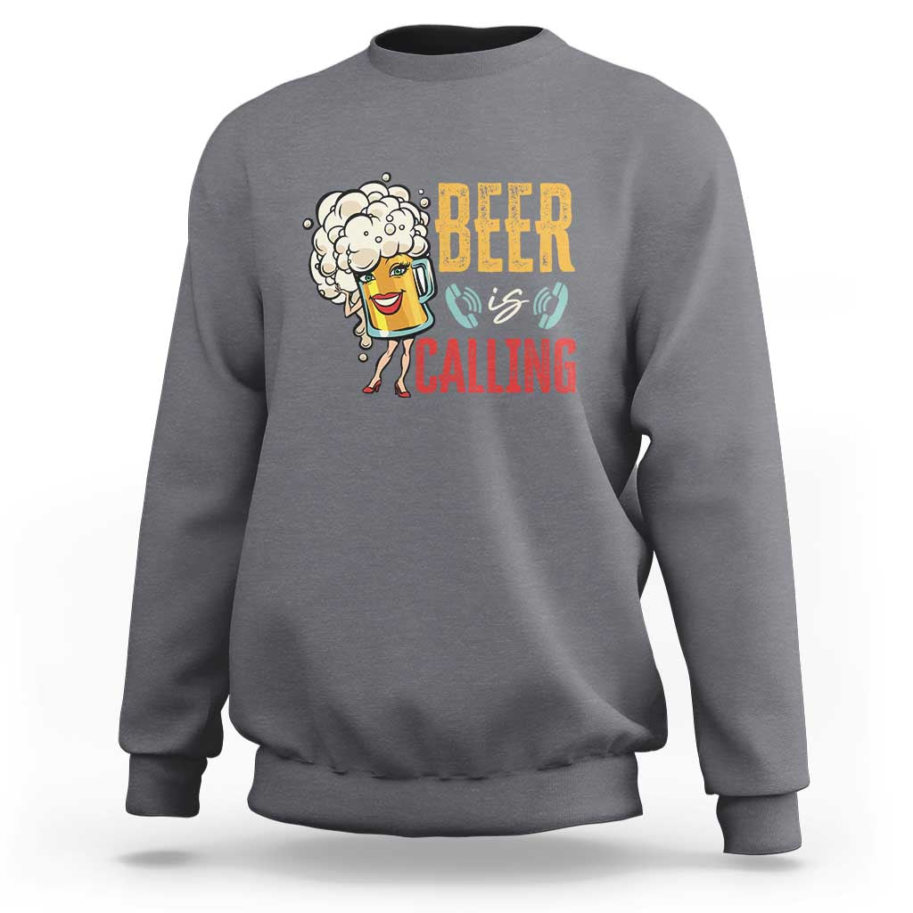 Gray beer calling sweatshirt with beer mug graphic on chest