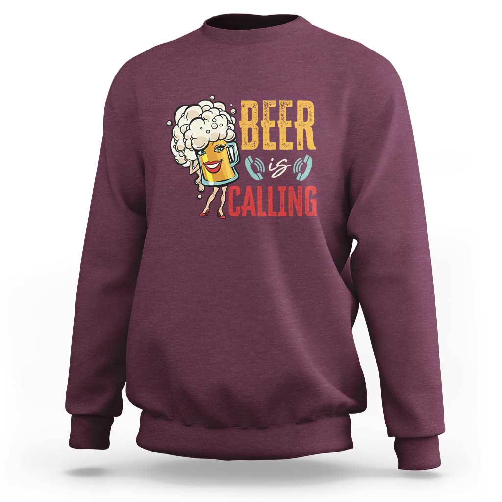 Maroon beer calling sweatshirt with beer mug graphic on chest