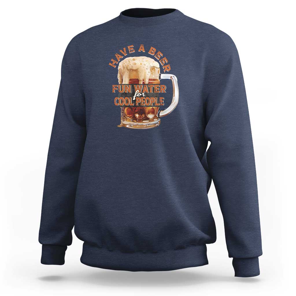 Navy crewneck sweatshirt with beer mug graphic and “Have a beer” text