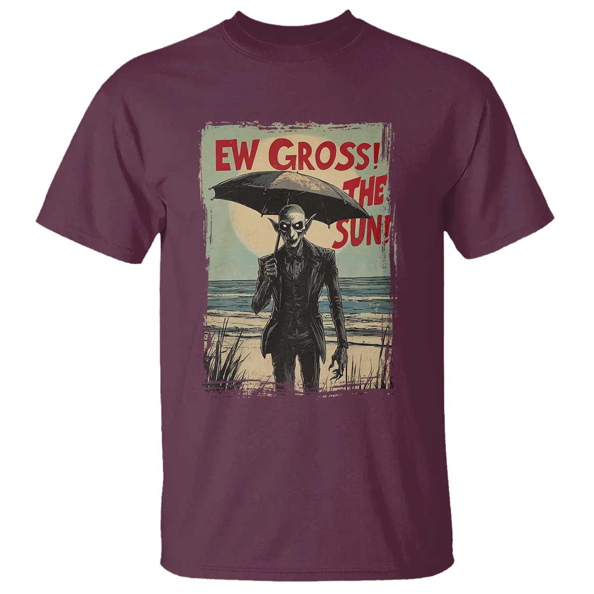 Maroon crew-neck t-shirt with vintage vampire graphic and red “EW GROSS!” text