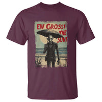 Maroon crew-neck t-shirt with vintage vampire graphic and red “EW GROSS!” text