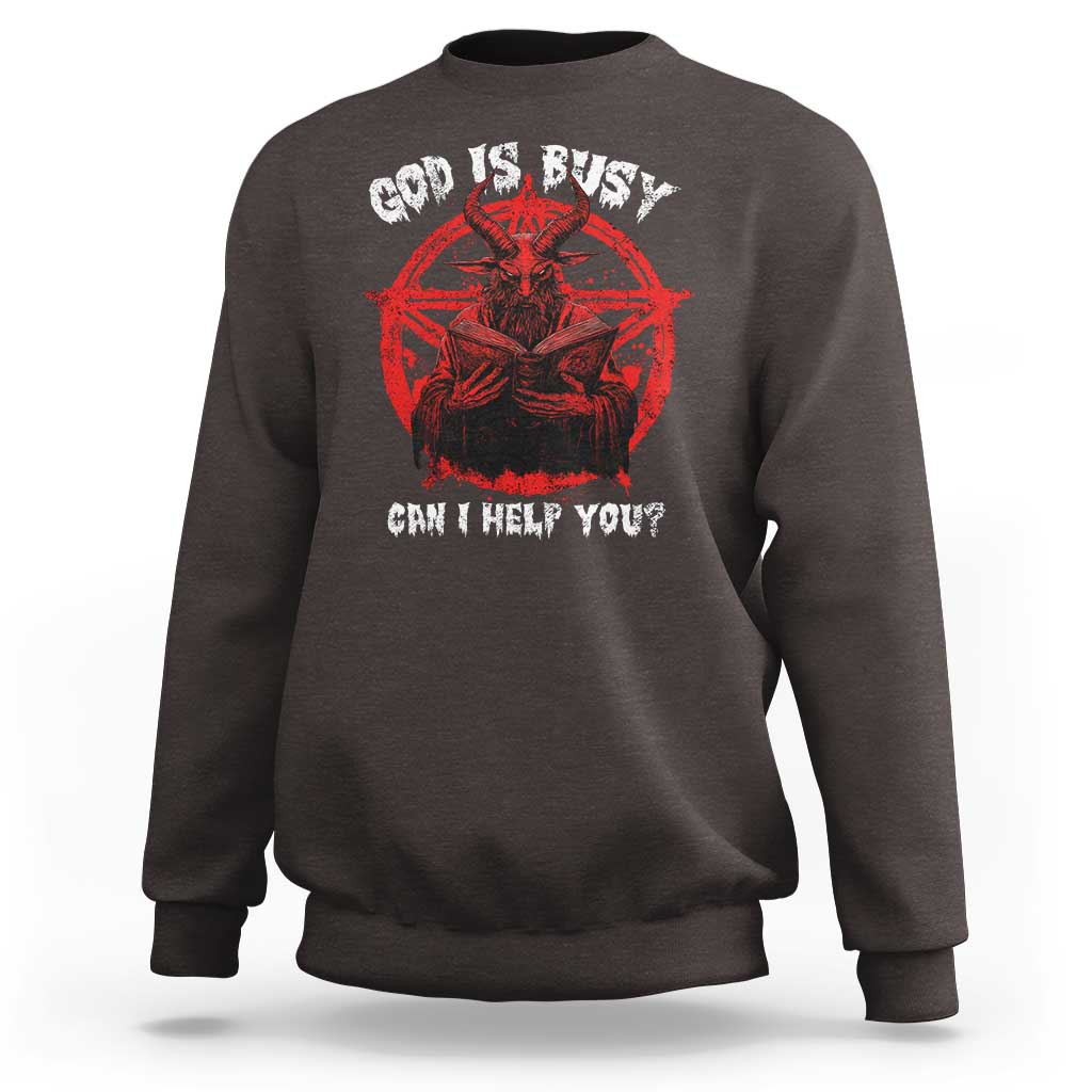 Men's graphic sweatshirt in dark brown with red goat emblem and 'GOD IS BUSY' text