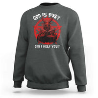Men's graphic sweatshirt in dark heather gray with red goat emblem and 'GOD IS BUSY'