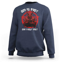 Men's graphic sweatshirt in navy blue with red goat emblem and 'GOD IS BUSY' text