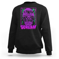 Black crewneck sweatshirt with purple neon skull "SCREAM" graphic on front.