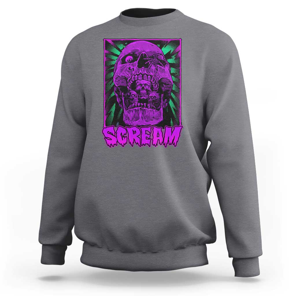 Charcoal gray crewneck sweatshirt with purple neon skull "SCREAM" graphic on front.