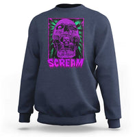 Navy crewneck sweatshirt with purple neon skull "SCREAM" graphic on front.