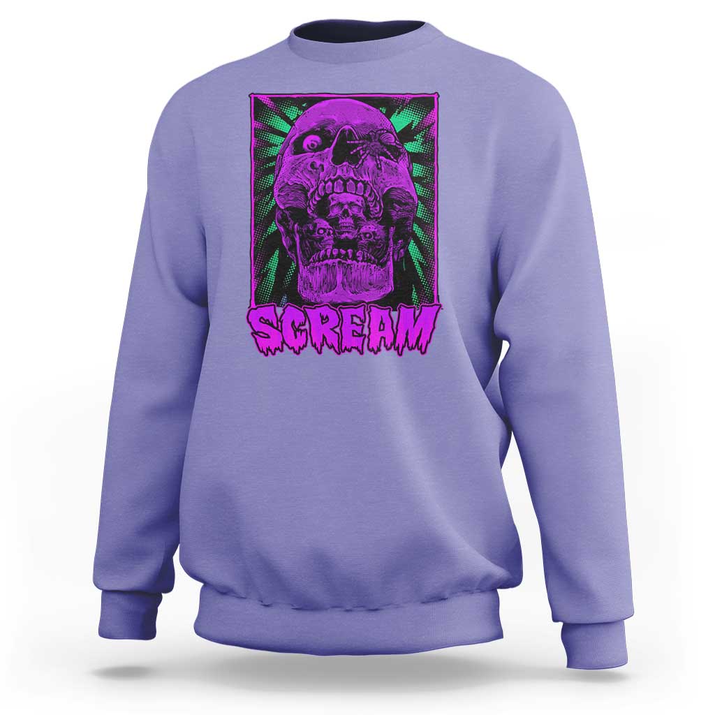 Violet crewneck sweatshirt with purple neon skull "SCREAM" graphic on front.