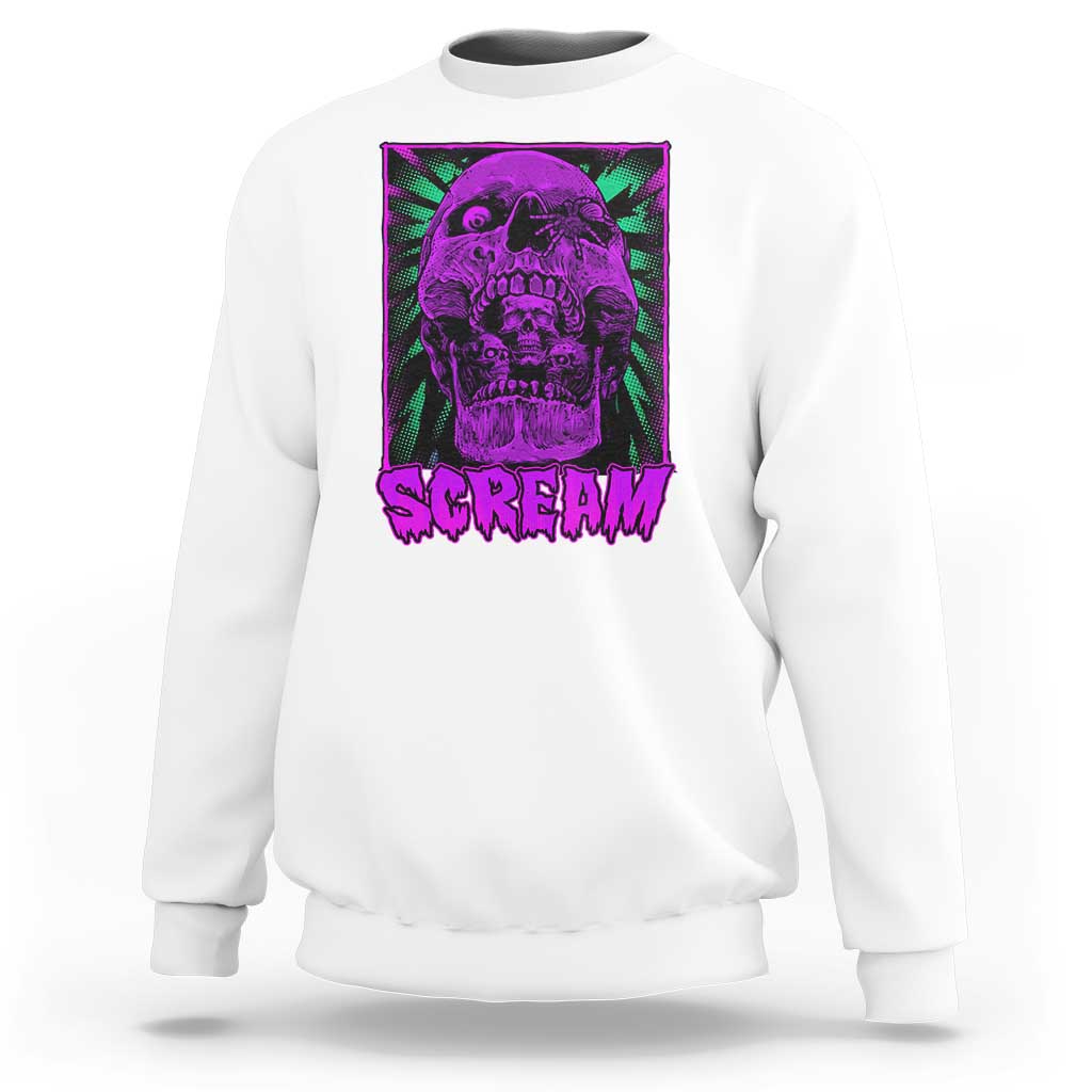 White crewneck sweatshirt with purple neon skull "SCREAM" graphic on front.