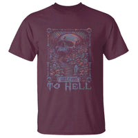 Maroon horror Halloween T-shirt with skull and “Welcome to HELL” graphic