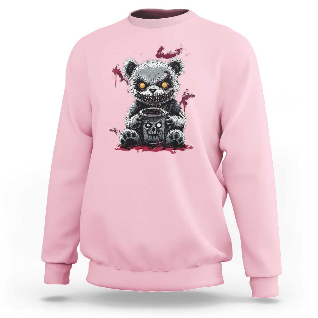 Light Pink crewneck Halloween sweatshirt with emo bear and skull coffee graphic on front