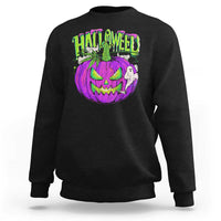 Black Halloween graphic sweatshirt with purple and green smiling pumpkin front print