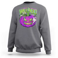 Charcoal gray Halloween graphic sweatshirt with purple and green smiling pumpkin front print