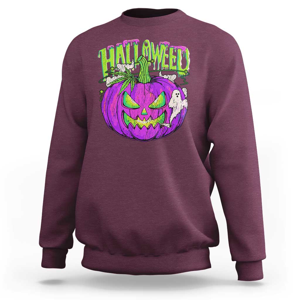 Maroon Halloween graphic sweatshirt with purple and green smiling pumpkin front print