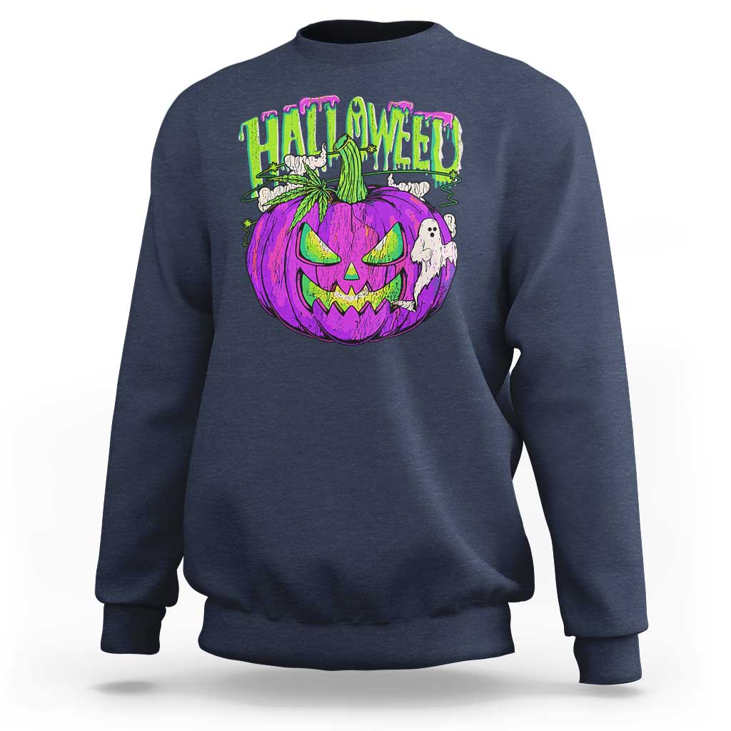 Navy Halloween graphic sweatshirt with purple and green smiling pumpkin front print