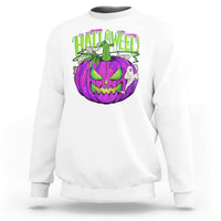 White Halloween graphic sweatshirt with purple and green smiling pumpkin front print