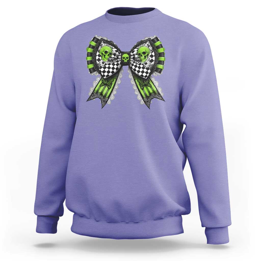 Violet Halloween sweatshirt with skull bows graphic on chest