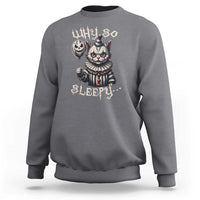 Charcoal Halloween cat clown sweatshirt with creepy “sleepy” graphic on chest