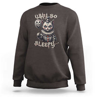 Dark chocolate Halloween cat clown sweatshirt with creepy “sleepy” graphic on chest