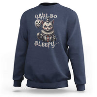 Navy Halloween cat clown sweatshirt with creepy “sleepy” graphic on chest