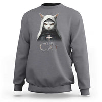 Charcoal gray sweatshirt with front cat nun graphic and “The Cat” text