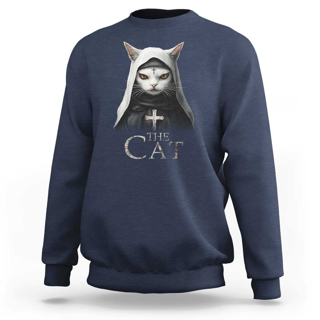 Navy sweatshirt with front cat nun graphic and “The Cat” text