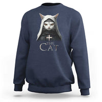 Navy sweatshirt with front cat nun graphic and “The Cat” text
