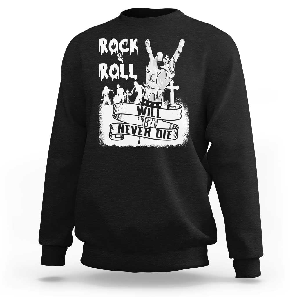 Black crewneck sweatshirt with zombie guitar graphic and 'Will Never Die' text
