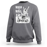 Gray crewneck sweatshirt with zombie guitar graphic and 'Will Never Die' text
