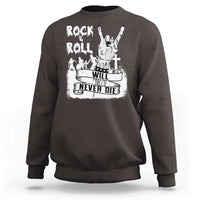 Dark brown crewneck sweatshirt with zombie guitar graphic and 'Will Never Die' text