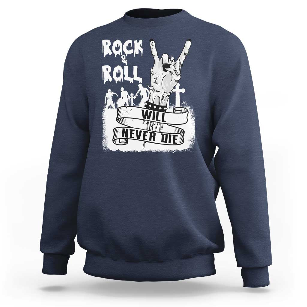 Blue crewneck sweatshirt with zombie guitar graphic and 'Rocks & Roll' text
