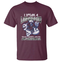 Maroon crew-neck t-shirt with 'I Speak 4 Languages' ghost graphic front