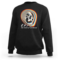 Black crewneck sweatshirt with rainbow ghost graphic and “My Kind of Evidence” text
