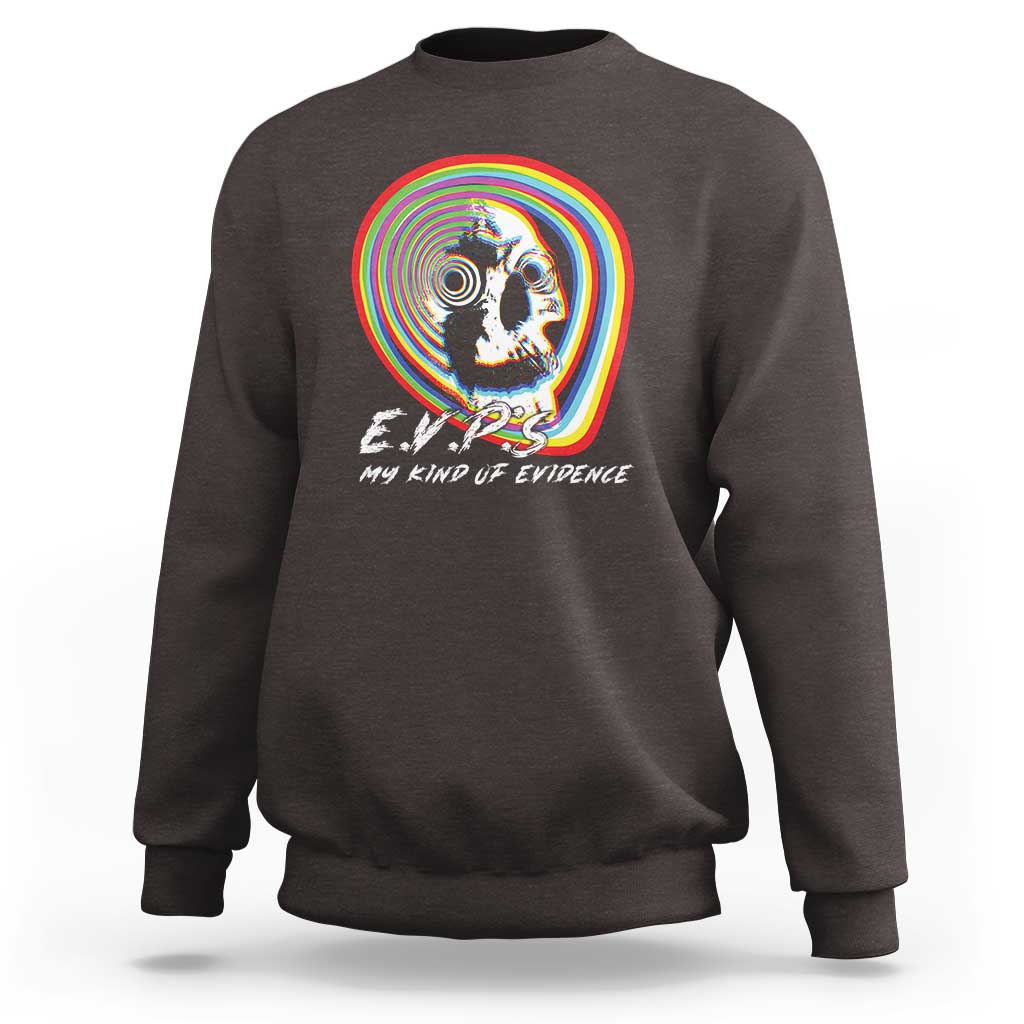 Charcoal crewneck sweatshirt with rainbow ghost graphic and “My Kind of Evidence” text